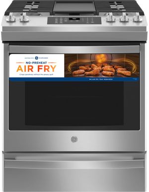 front view of the GE® 30" Stainless Steel Slide In Convection Gas Range