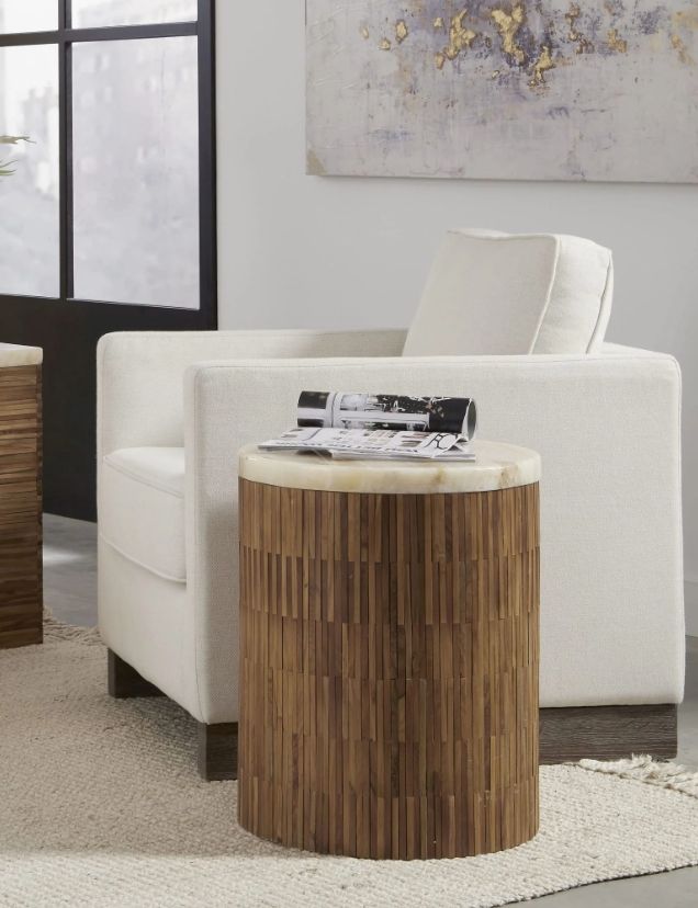 Modus Furniture One Onyx Top Round End Table with Natural Base-1