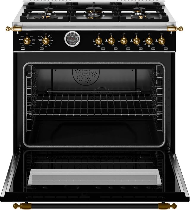 Bertazzoni Heritage Series 36" Fingerprint Resistant Nero Matt Pro Style Dual Fuel Range with Gold Accents-1