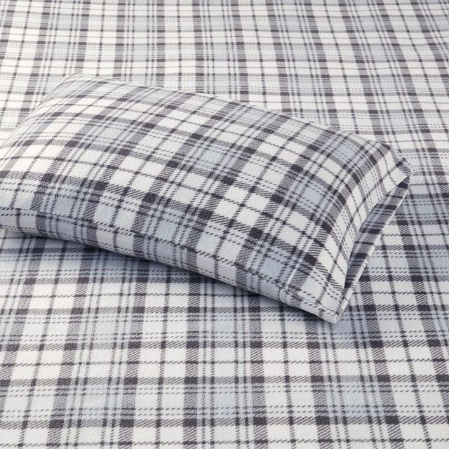Olliix by True North by Sleep Philosophy 4 Piece Grey Plaid Queen Micro Fleece Sheet Set-2