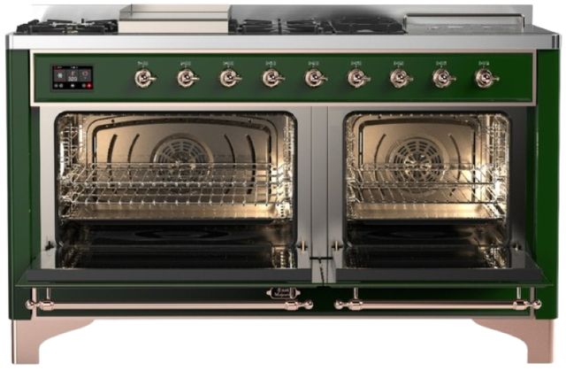 Ilve® Majestic III 60" Emerald Green Pro Style Dual Fuel Natural Gas Range with French Top and Copper Trim-1