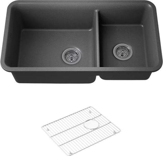 KOHLER® Cairn® Matte Graphite 34" Undermount Double Offset Bowl Kitchen Sink-0