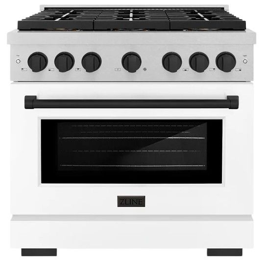 ZLINE Autograph Edition Paramount 36" 5.2 Cu. Ft. Satin Stainless Steel Dual Fuel Range with 6 Burner DuoPro™ Cooktop and Electric Convection Oven with White Matte Door and Matte Black Accents-0