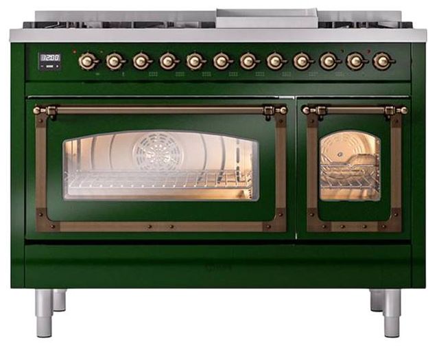 Ilve® Nostalgie II Noblesse 48'' Emerald Green Pro Style Dual Fuel Range with Burnished Trim-1