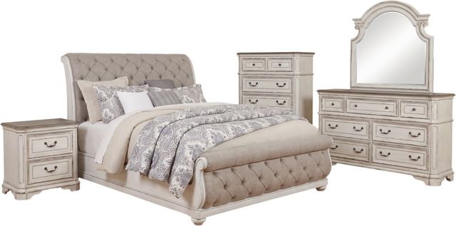 Liberty Furniture Magnolia Manor 5-Piece Antique White/Gray/Weathered Bark Queen Sleigh Bedroom Set-0