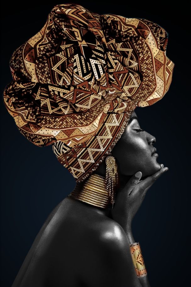 Classy Living Dramatic Gold Headdress Portrait on Black Wall Art-0