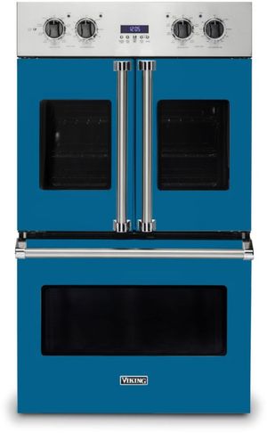 Front view of the Viking® 7 Series 30" Alluvial Blue Professional Built In Double Electric French Door Wall Oven