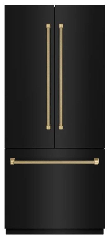ZLINE Autograph Edition 36"  19.6 Cu. Ft. Black Stainless Steel French Door Built-In Bottom Freezer Refrigerator with Water Dispenser and Ice Maker in Graphite Gray Interior and Champagne Bronze Helix Handles-0