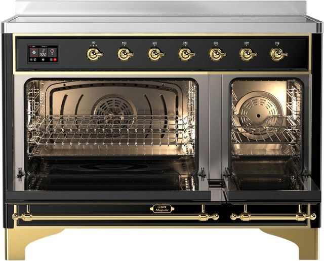 Ilve® Majestic III 48" Glossy Black Pro Style Induction Range with Triple Glass Door and Brass Trim-1
