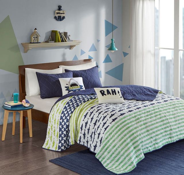 Olliix by Urban Habitat Kids Finn Green/Navy Twin Shark Cotton Reversible Coverlet Set-0