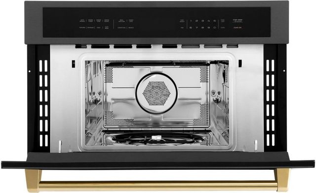 ZLINE Autograph Edition 30" 1.6 Cu. Ft. Black Stainless Steel Built-in Convection Microwave Oven with Polished Gold Accents-3