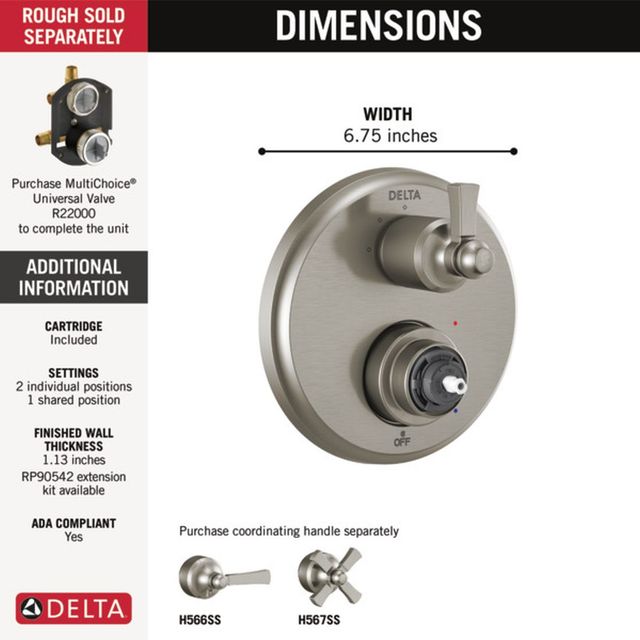 Delta Dorval® Monitor® 14 Series Stainless 2-Handle Valve Trim with 3-Setting Diverter-1
