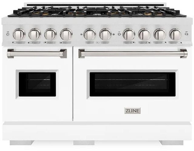ZLINE 48" 6.7 cu. ft. Dual Fuel Range with 8 Burner DuoPro™ Cooktop and Dual Ovens in Satin Stainless Steel with White Matte Doors-0