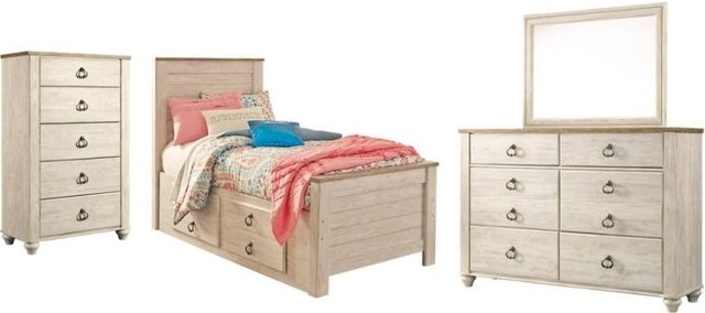 Signature Design by Ashley® Willowton 4-Piece Whitewash Twin Panel Bed Set-0
