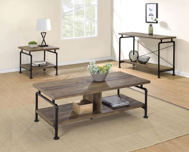 Coaster® Rustic Oak Shelf Storage Sofa Table with Black Metal Frame-1