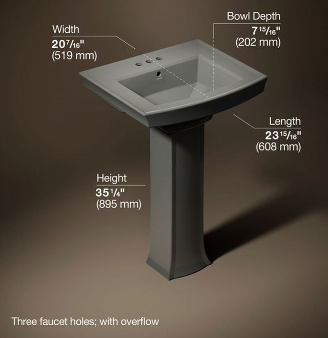 Kohler Archer® Thunder Grey 24" Centerset Faucet Holes Rectangular Pedestal Bathroom Sink-3