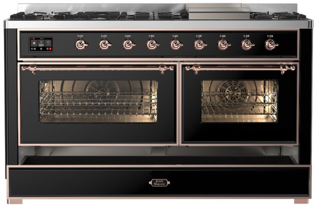 Ilve® Majestic III 60" Glossy Black Pro Style Dual Fuel Natural Gas Range with Triple Glass Door and Copper Trim-1