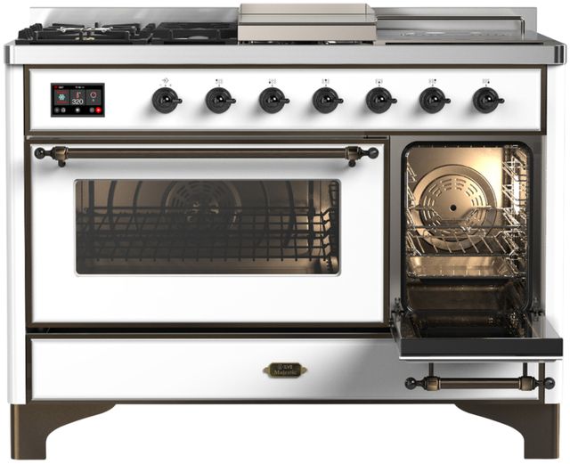 Ilve® Majestic III 48" White Pro Style Dual Fuel Liquid Propane Range with 5 Black Brass Burners and Burnished Trim-3