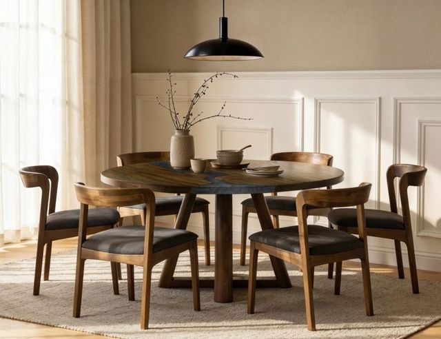 International Furniture Direct Silver Brown Round Dining Table with Resin River-1