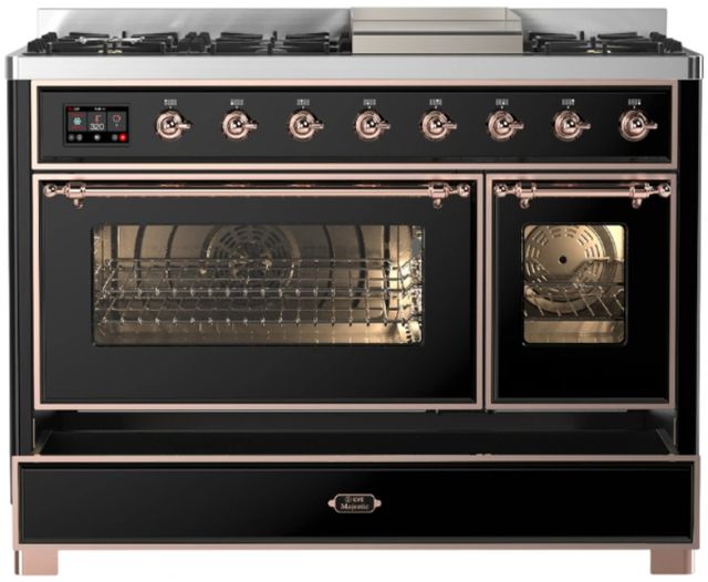 Ilve® Majestic III 48" Glossy Black Pro Style Dual Fuel Liquid Propane Range with Triple Glass Door and Copper Trim-1
