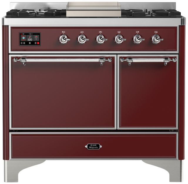 Ilve® Majestic III 40" Burgundy Pro Style Dual Fuel Liquid Propane Range with Solid Door and Chrome Trim-0
