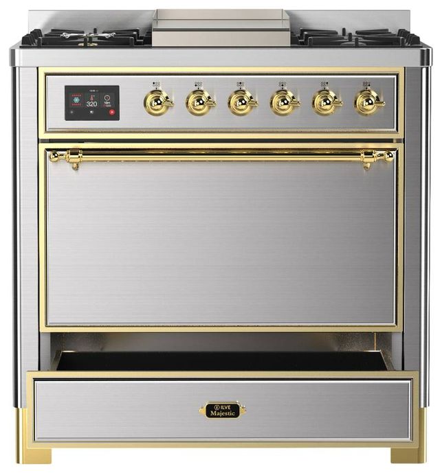 Ilve® Majestic III 36" Stainless Steel Pro Style Dual Fuel Natural Gas Range with Solid Door and Brass Trim-3