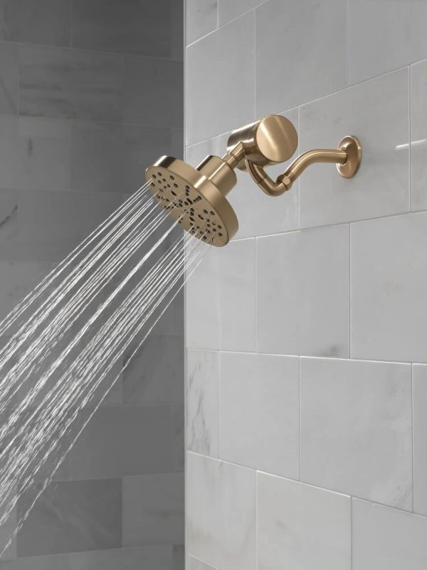 Delta Universal Showering Lumicoat® Champagne Bronze H2Okinetic® 5-Setting Contemporary Raincan Shower Head-3