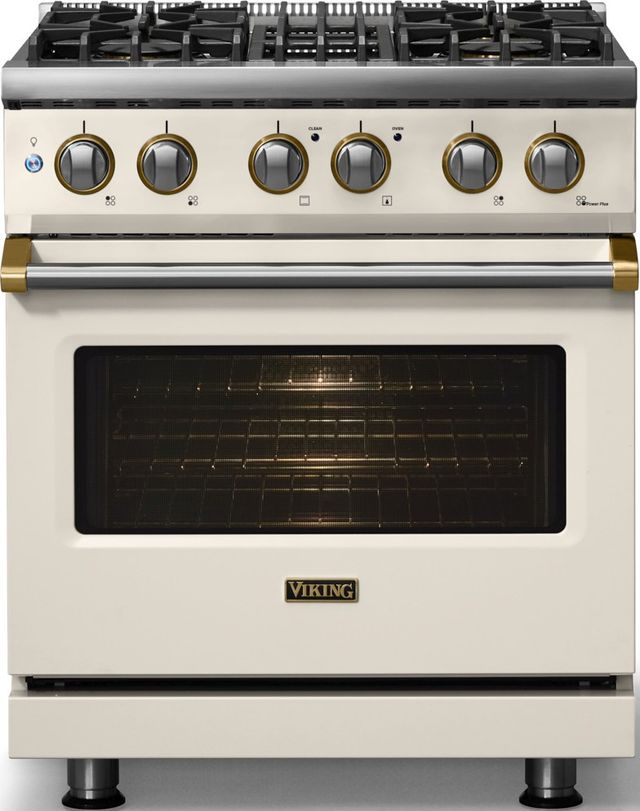 Viking® 5 Series 30" Pure White Pro Style Dual Fuel (NG) Range with Brushed Brass Trim-2