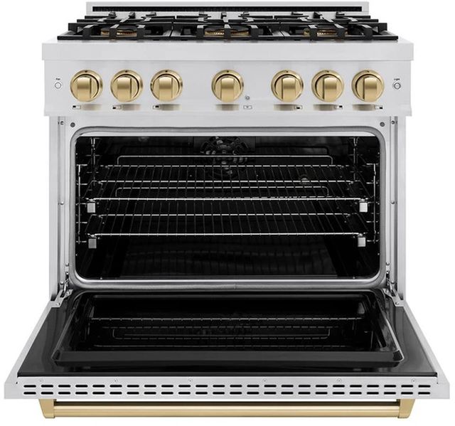 ZLINE Autograph Edition 36". 5.2 cu. ft. Dual Fuel Range with 6 Burner DuoPro™ Cooktop and Electric Convection Oven in Stainless Steel and Champagne Bronze Accents -1