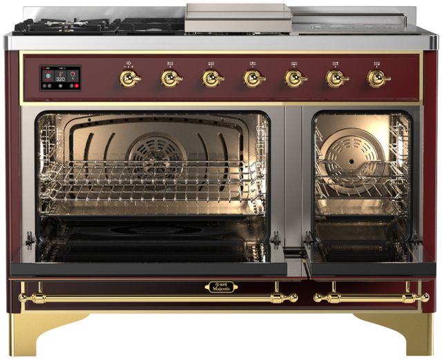 Ilve® Majestic III 48" Burgundy Pro Style Dual Fuel Liquid Propane Range with 5 Black Brass Burners and Brass Trim-1