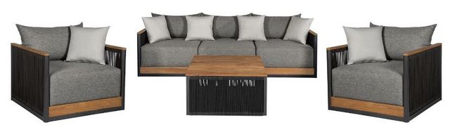 Front view of the Armen Living Artesia 4-Piece Black/Gray Olefin/Wooden Outdoor Conversation Set