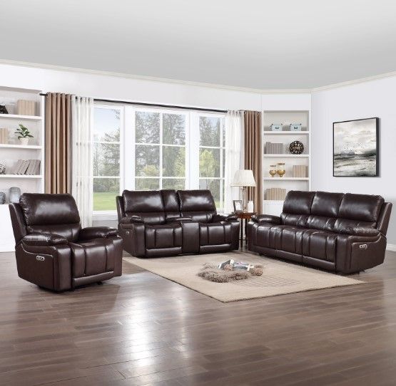 New Classic Home Furnishings Cicero Brown Leather Console Loveseat with Power Headrest and Footrest