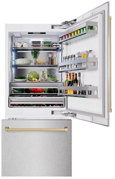 ZLINE Autograph Edition 36" 19.8 Cu. Ft. Satin Stainless Steel Built-In Bottom Freezer Refrigerator with Champagne Bronze Accents-2