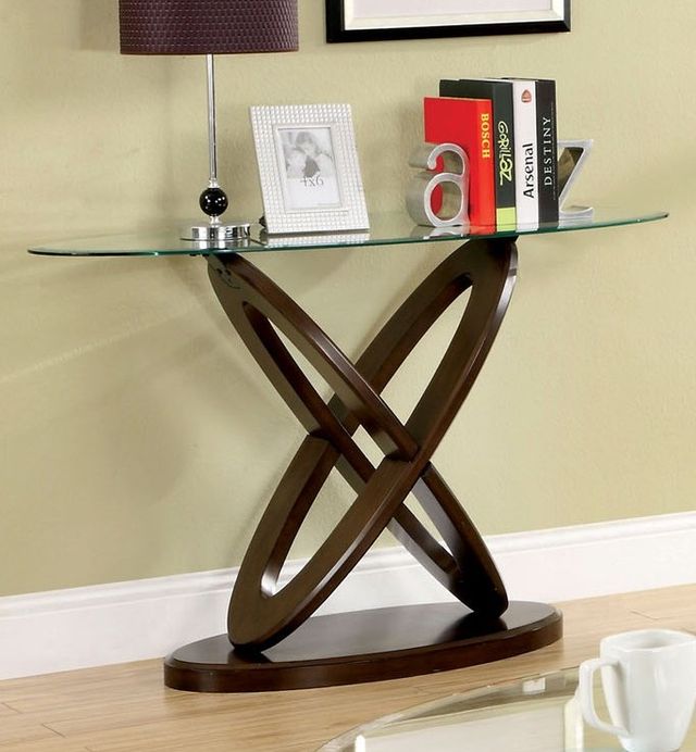 Furniture of America® Atwood II Glass Top Oval Sofa Table with Dark Walnut Base-2