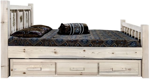 Montana Woodworks® Homestead Clear Lacquer Twin Storage Bed with Laser Engraved Pine Design-2