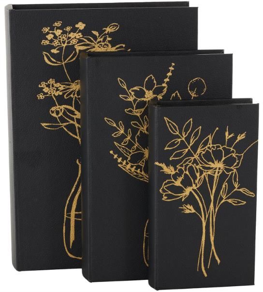 Deco Marche 3-Piece Black Floral Book Storage Decorative Box with White and Gold Accents Set-0