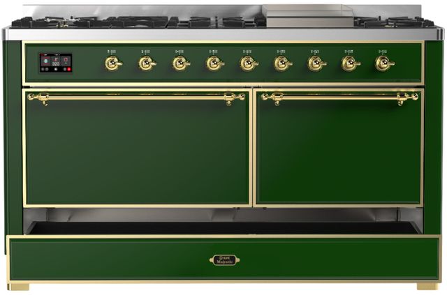 Ilve® Majestic III 60" Emerald Green Pro Style Dual Fuel Liquid Propane Range with Solid Door and Brass Trim-1