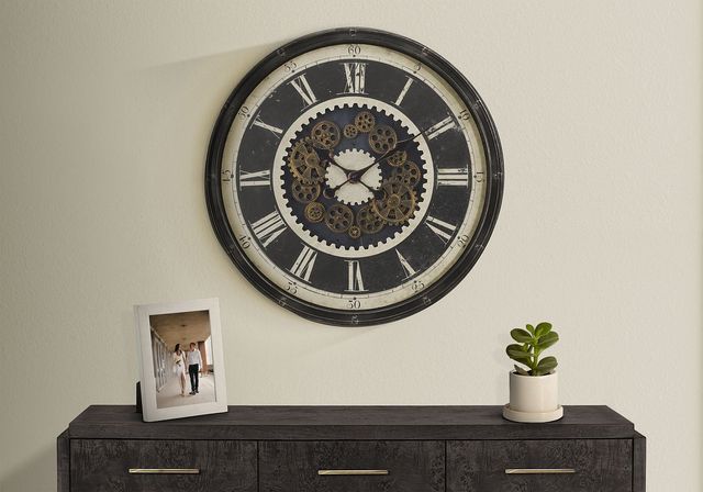 Monarch Specialties Inc. Brown 30" Oversized Round Wall Clock with Roman Numerals on Brown Gear Mech-2