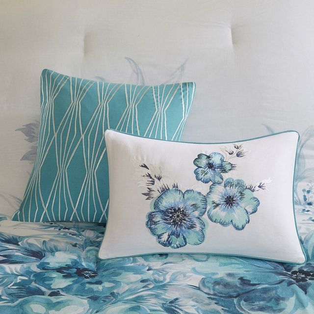 Olliix by Madison Park 7 Piece Teal Queen Enza Cotton Printed Comforter Set-4
