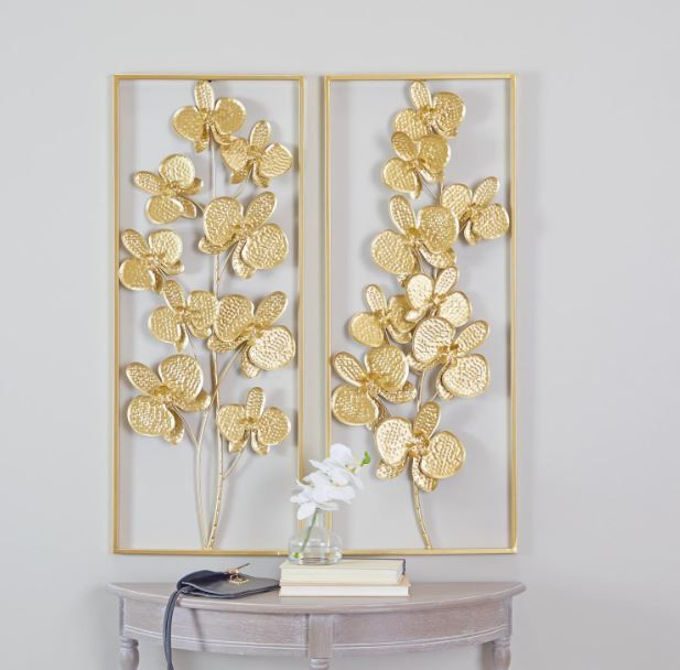 Deco Marche Cosmoliving 2-Piece Gold Metal Floral Orchid Wall Decor Set-4