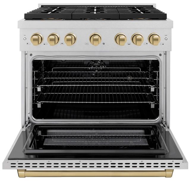 ZLINE Autograph Edition Paramount 36" 5.2 Cu. Ft. Satin Stainless Steel Dual Fuel Range with 6 Burner DuoPro™ Cooktop and Electric Convection Oven in Champagne Bronze Accents-3