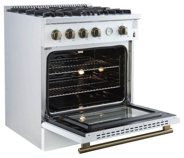 FORNO® Marco 30" White Pro Style Gas Range with Antique Brass Accents-6