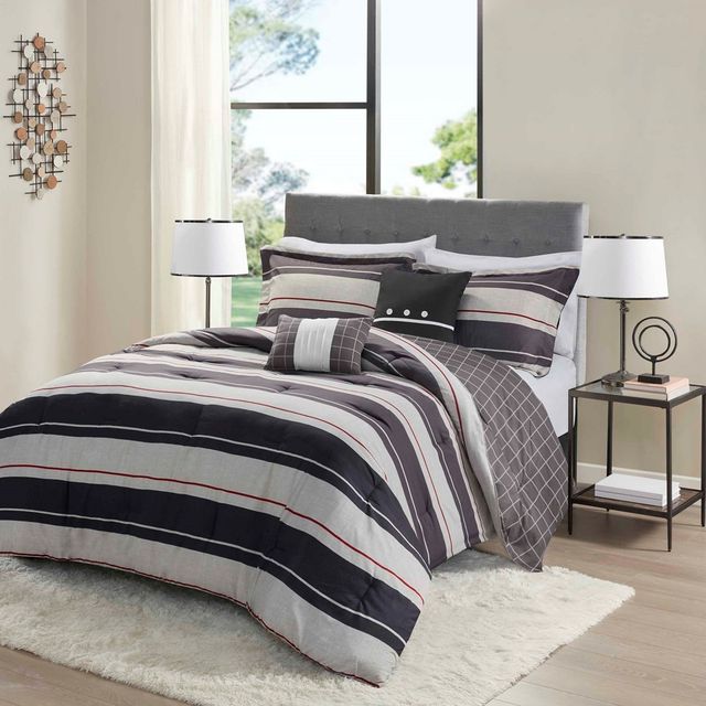 Olliix by Madison Park Essentials Dalton Grey and Charcoal Comforter with Two Decorative Pillow Set-0