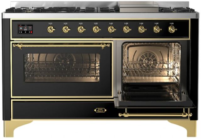 Ilve® Majestic III 60" Glossy Black Pro Style Dual Fuel Natural Gas Range with Triple Glass Door and Brass Trim-3