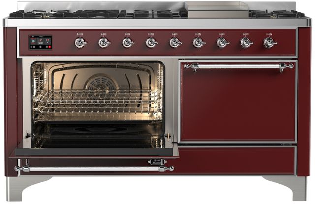 Ilve® Majestic III 60" Burgundy Pro Style Dual Fuel Natural Gas Range with Solid Door and Chrome Trim-2