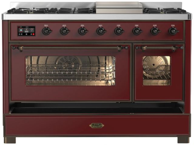 Ilve® Majestic III 48" Burgundy Pro Style Dual Fuel Liquid Propane Range with Triple Glass Door and Burnished Trim-1