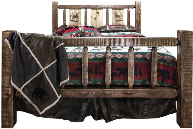 Montana Woodworks® Homestead Stain and Clear Lacquer Queen Bed with Laser Engraved Elk Design-1