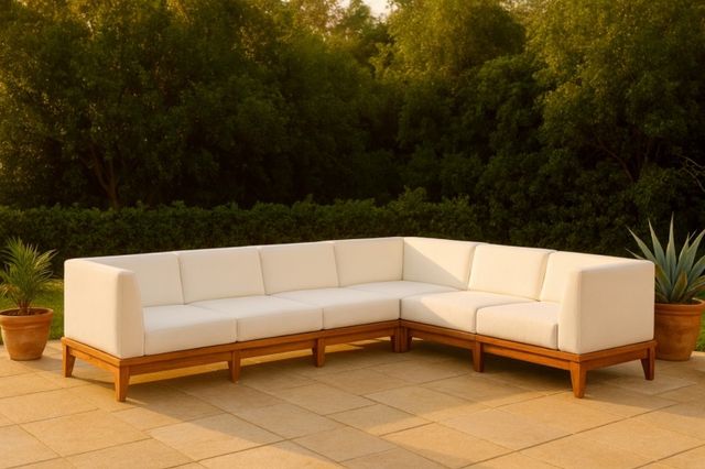 Meridian Furniture Rio 6-Piece Brown/Off-White Acacia/Fabric 131" Outdoor Patio Modular Sectional-3