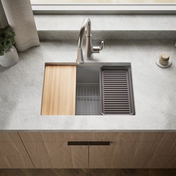 KOHLER® Billings® Matte Gray 27" Undermount Single-Bowl Workstation Kitchen Sink-1