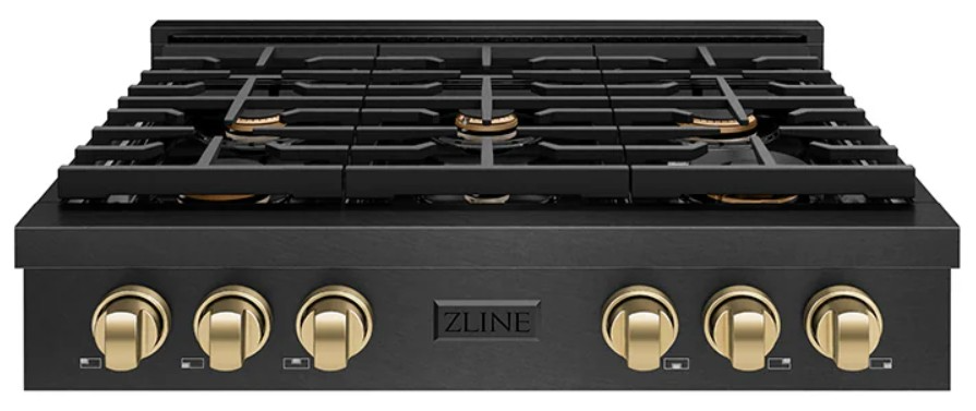 ZLINE Autograph Edition Paramount 36" Black Satin Stainless Steel Gas Rangetop with 6 Brass Burners
